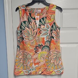 Jude Connally Sleeveless V-neck Tank Top: Stained Glass Coral/Gold: Size- S